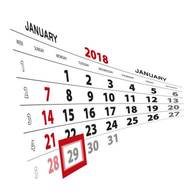 Ocak 29, 2018 takvimde vurgulanır. Pazar hafta başlıyor