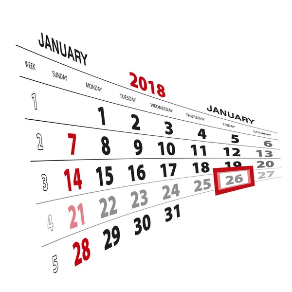 26. ledna, zvýrazněné 2018 kalendáři. Začíná týden od neděle — Stockový vektor