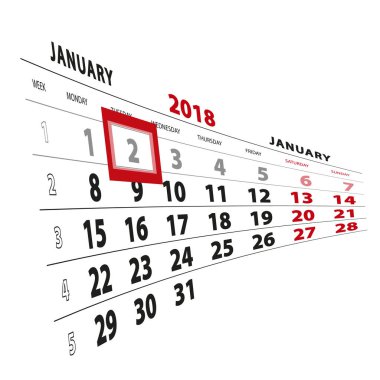 2 Ocak takvim 2018 vurgulanır. Hafta Pazartesi başlıyor.