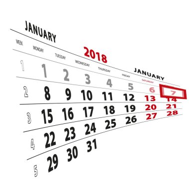 7 Ocak takvim 2018 vurgulanır. Hafta Pazartesi başlıyor.