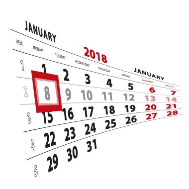 8 Ocak takvim 2018 vurgulanır. Hafta Pazartesi başlıyor.