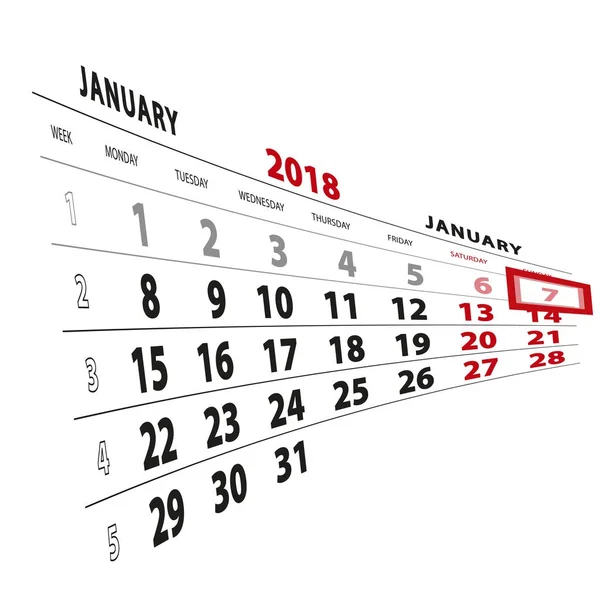 7 Enero destacado en el calendario 2018. La semana comienza el lunes . — Vector de stock