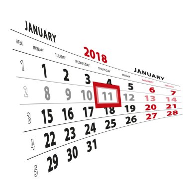 11 Ocak takvim 2018 vurgulanır. Hafta Pazartesi başlıyor