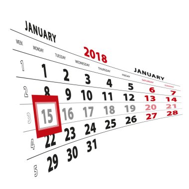 15 Ocak takvim 2018 vurgulanır. Hafta Pazartesi başlıyor