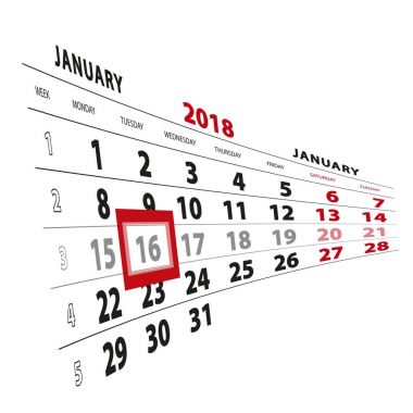 16 Ocak takvim 2018 vurgulanır. Hafta Pazartesi başlıyor