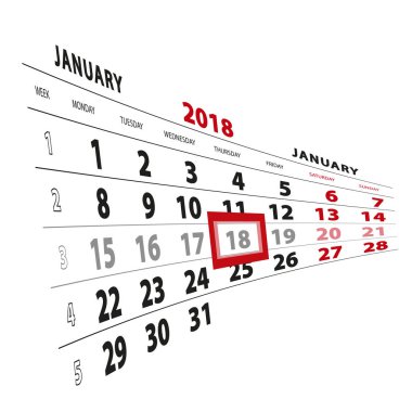 18 Ocak takvim 2018 vurgulanır. Hafta Pazartesi başlıyor