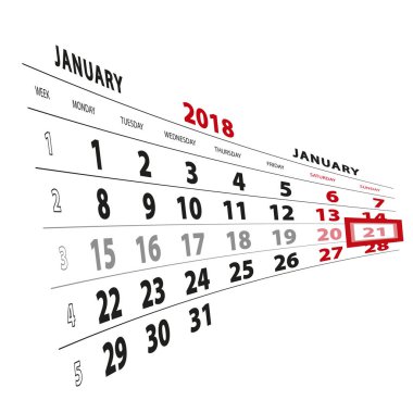 21 Ocak takvim 2018 vurgulanır. Hafta Pazartesi başlıyor