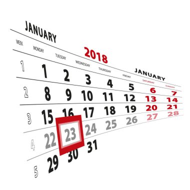 23 Ocak takvim 2018 vurgulanır. Hafta Pazartesi başlıyor