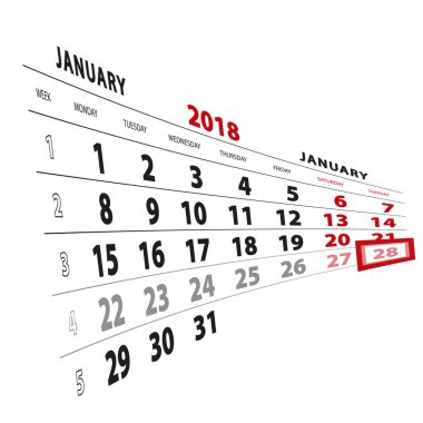 28 Ocak takvim 2018 vurgulanır. Hafta Pazartesi başlıyor