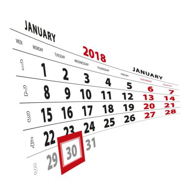 30 Ocak takvim 2018 vurgulanır. Hafta Pazartesi başlıyor