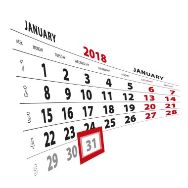 31 Ocak takvim 2018 vurgulanır. Hafta Pazartesi başlıyor