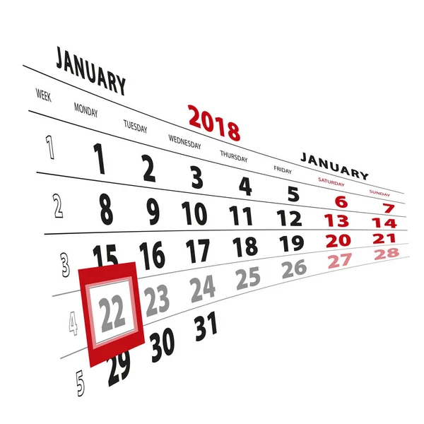22 Enero destacado en el calendario 2018. La semana comienza el lunes — Vector de stock