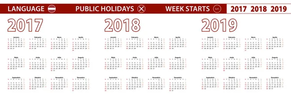 2017, 2018, 2019 Jahresvektorkalender in lettischer Sprache, Woche beginnt am Sonntag. — Stockvektor
