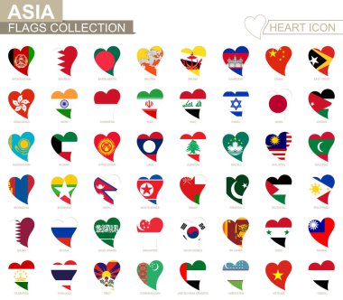 Asya ülkelerinin vektör bayrak toplama. Kalp Icon set.