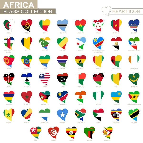 Coleção de bandeira vetorial de países africanos. Conjunto de ícones cardíacos . — Vetor de Stock