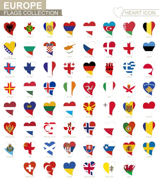 Vector flagga samling av europeiska länder. Hjärtat Ikonuppsättning. — Stock vektor