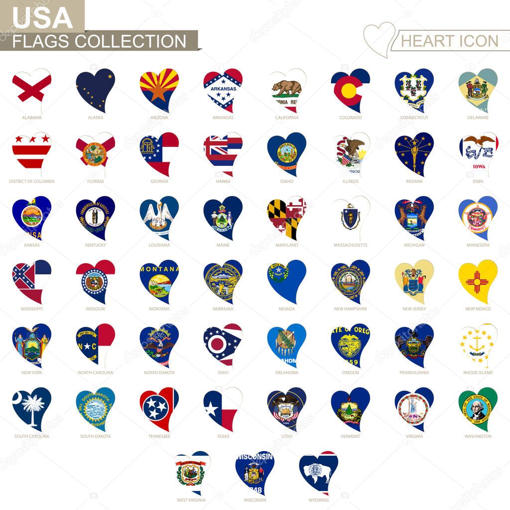 Vector flag collection of USA States. Heart icon set.