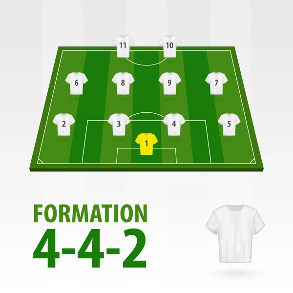 Voetbal spelers bezettingen, vorming 4-4-2. Voetbal halve stadion. — Stockvector