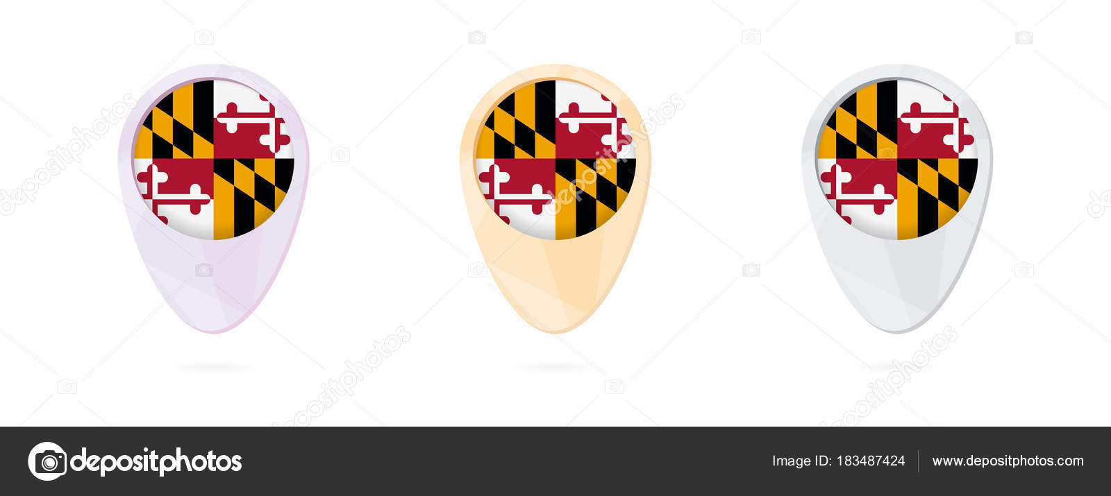Map markers with flag of US state Maryland, 3 color versions. Stock