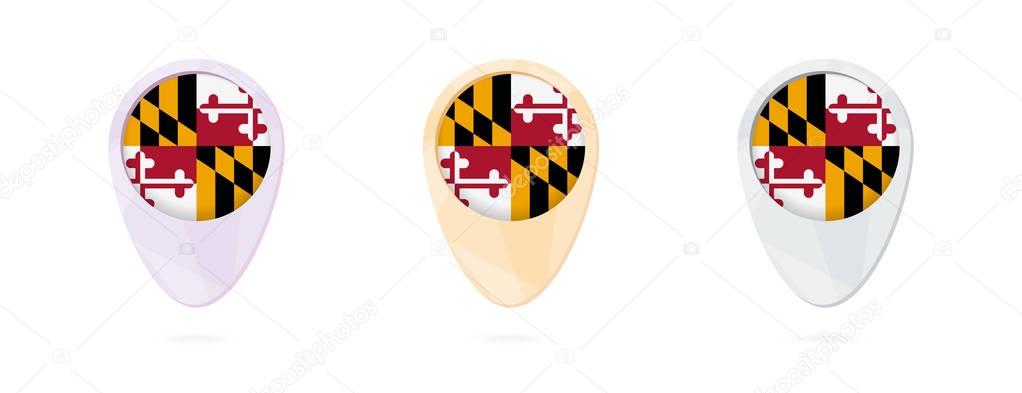 Map markers with flag of US state Maryland, 3 color versions.