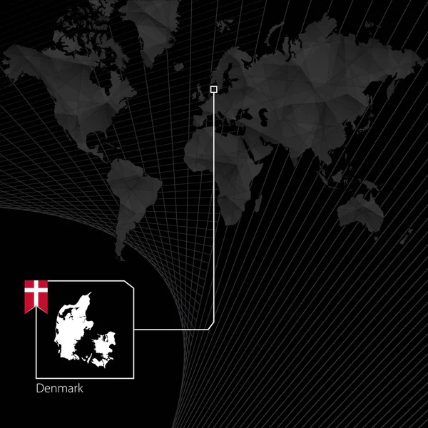 Danimarka siyah dünya haritası üzerinde. Harita ve Danimarka bayrağı. — Stok Vektör