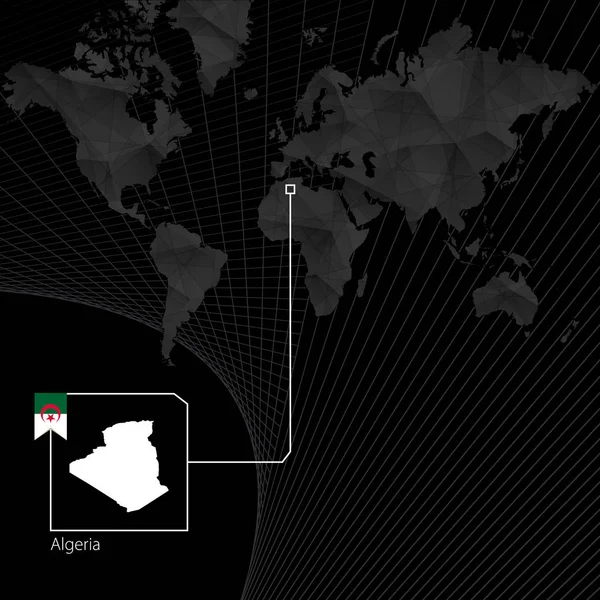 Argelia en el mapa negro del mundo. Mapa y bandera de Argelia . — Archivo Imágenes Vectoriales