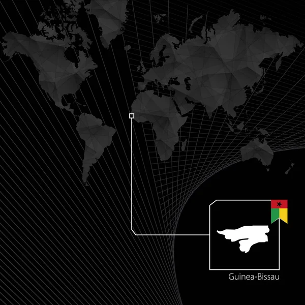 Guinea-Bissau en el mapa negro del mundo. Mapa y bandera de Guinea-Bissau . — Archivo Imágenes Vectoriales