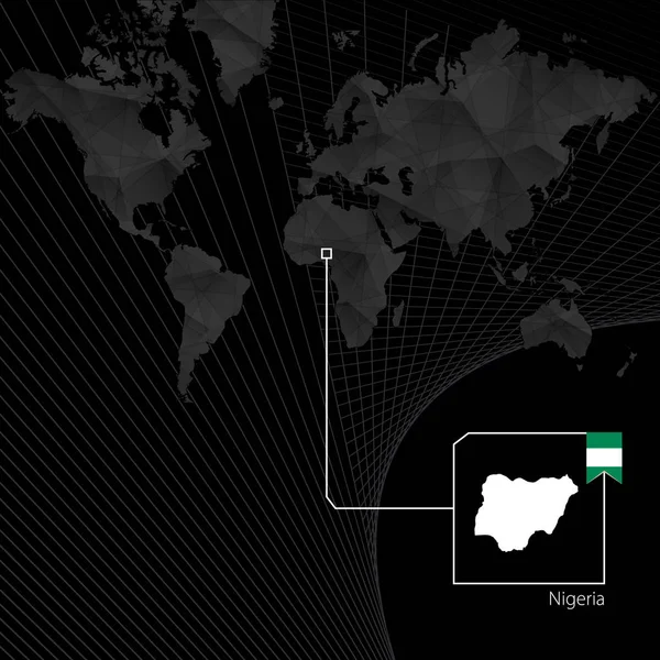 Nigeria en el mapa negro del mundo. Mapa y bandera de Nigeria . — Vector de stock