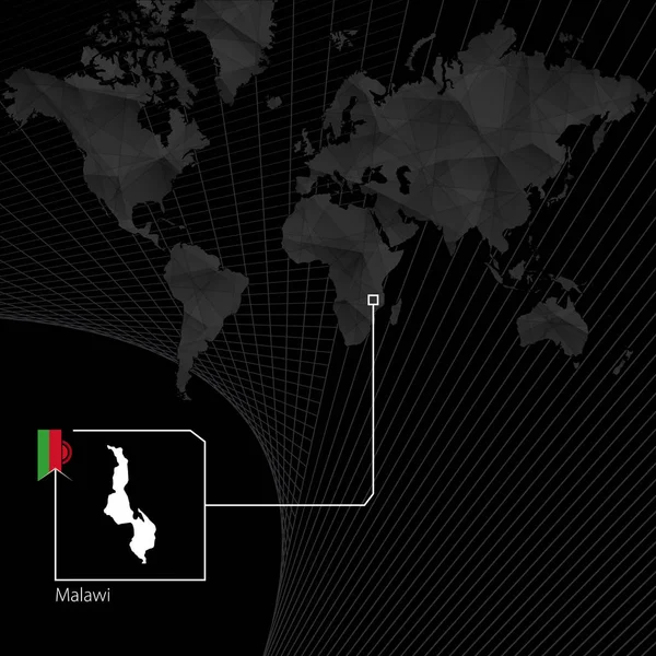 Malawi on black World Map. Map and flag of Malawi.