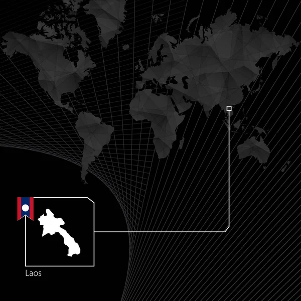 Laos en el mapa negro del mundo. Mapa y bandera de Laos . — Archivo Imágenes Vectoriales