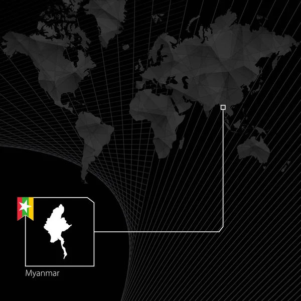 黒の世界地図上のミャンマー。地図とミャンマーの国旗. — ストックベクタ