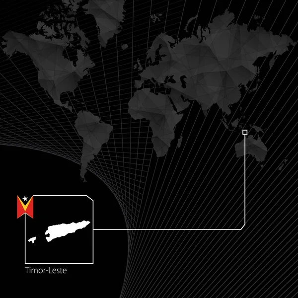 Timor Oriental en el mapa negro del mundo. Mapa y bandera de Timor Oriental . — Archivo Imágenes Vectoriales