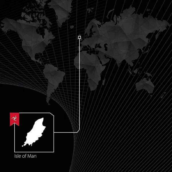 Isla de Man en el mapa negro del mundo. Mapa y bandera de Isle of Man . — Archivo Imágenes Vectoriales