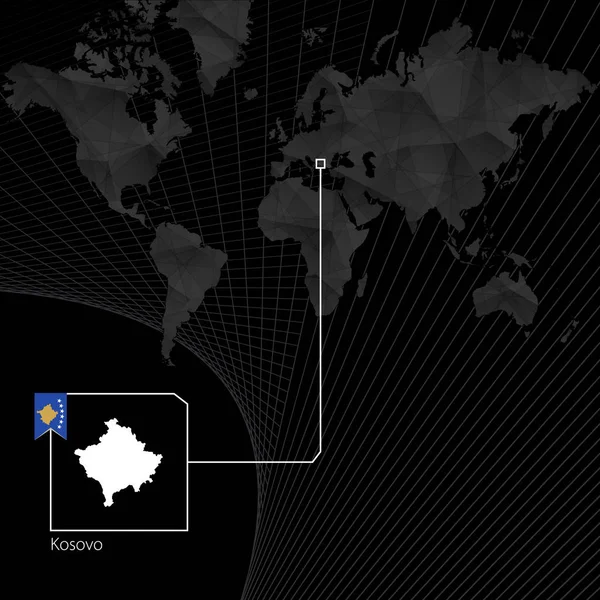 Kosovo on black World Map. Map and flag of Kosovo.