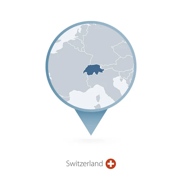 Map pin with detailed map of Switzerland and neighboring countries — Stock Vector