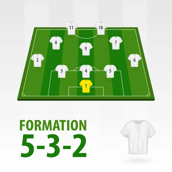 Football players lineups, formation 5-3-2. Soccer half stadium. — Stock Vector