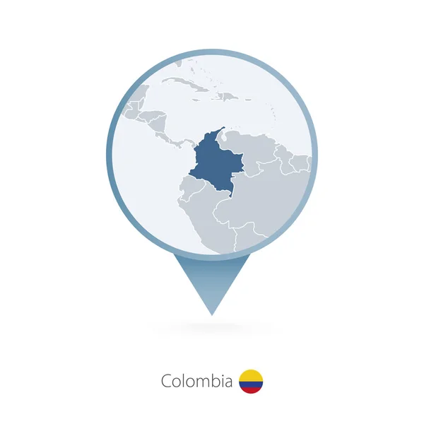 Kartnål med detaljerad karta över Colombia och grannländerna. — Stock vektor