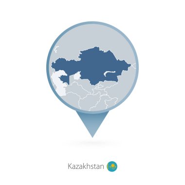 Map pin with detailed map of Kazakhstan and neighboring countrie clipart