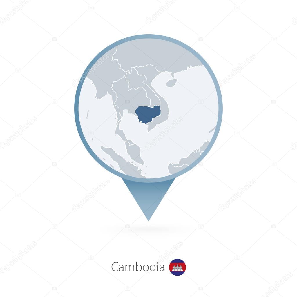Map pin with detailed map of Cambodia and neighboring countries.