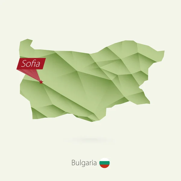 Gradiente verde bajo poli mapa de Bulgaria con capital Sofía — Vector de stock