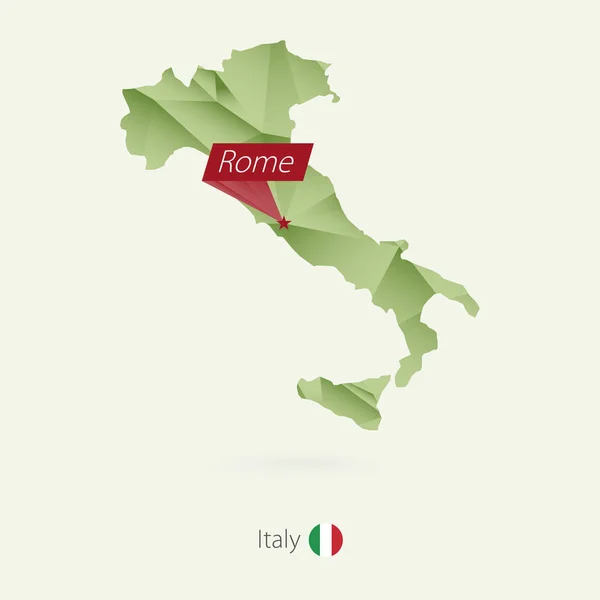 Gröna gradient låg poly karta över Italien med huvudstaden Rom — Stock vektor