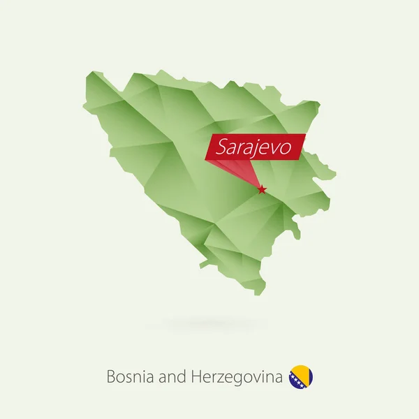 Gradiente verde mapa poli bajo de Bosnia y Herzegovina con capital Sarajevo — Vector de stock