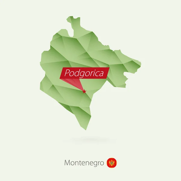 Gradiente verde mapa poli bajo de Montenegro con capital Podgorica — Vector de stock