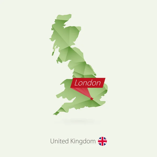 Mapa zielony gradientu low poly Wielka Brytania z kapitału Londyn — Wektor stockowy