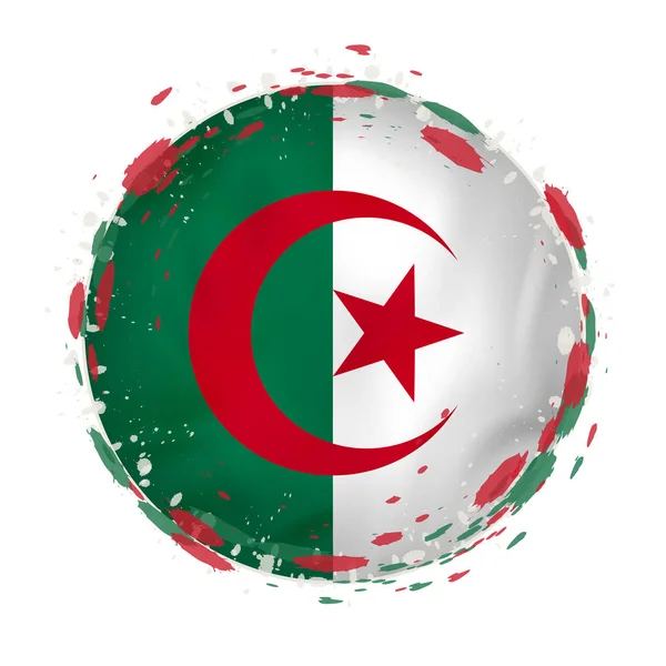 Runde Grunge-Flagge von Algerien mit Spritzern in Fahnenfarbe. — Stockvektor