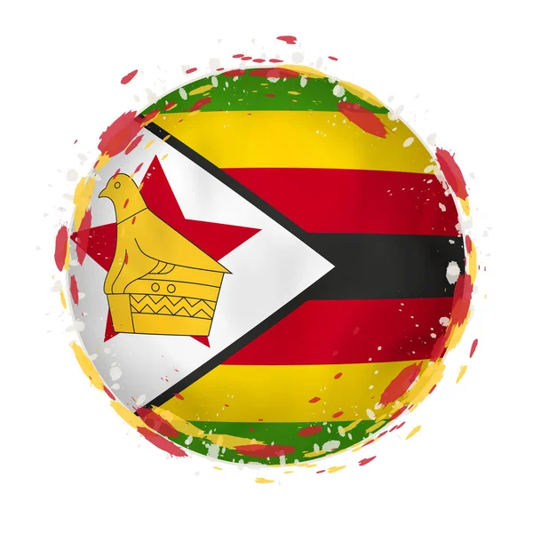 Drapeau rond grunge du Zimbabwe avec éclaboussures de couleur drapeau . — Image vectorielle