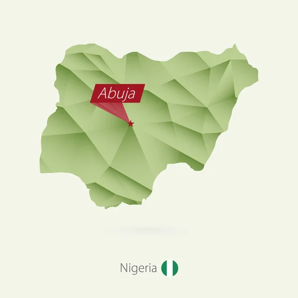 Gradiente verde mapa poli bajo de Nigeria con capital Abuja — Vector de stock