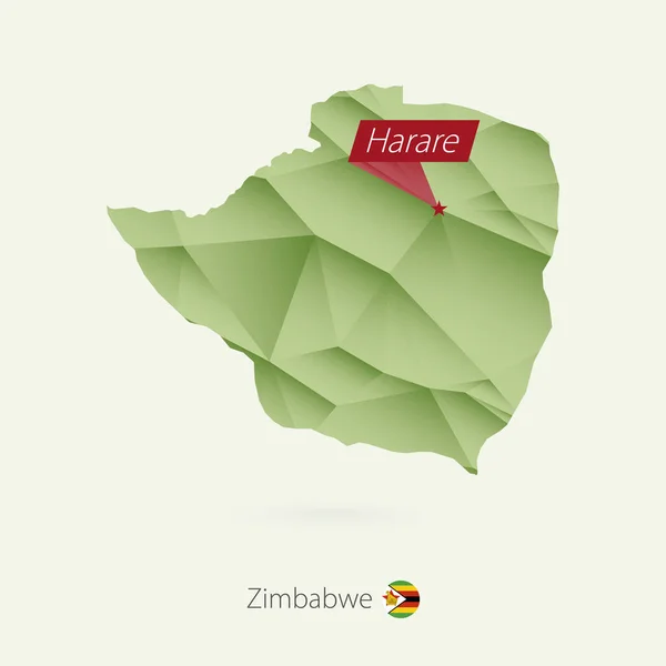 Mapa zielony gradientu low poly Zimbabwe z stolicy Harare — Wektor stockowy