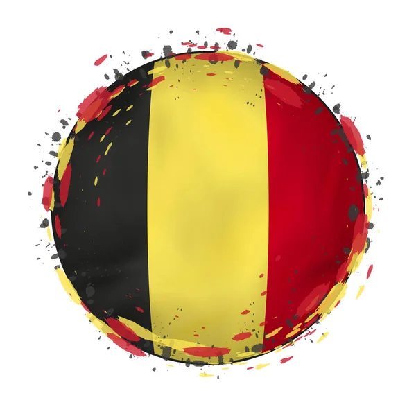 Drapeau rond grunge de Belgique avec éclaboussures de couleur drapeau . — Image vectorielle