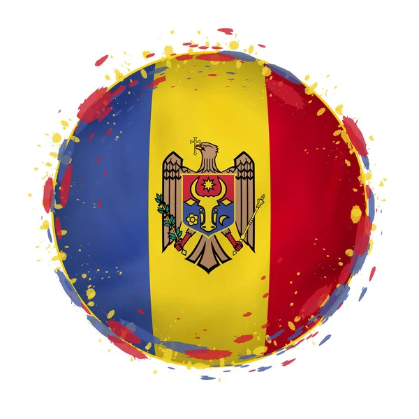 Bandeira grunge redonda da Moldávia com salpicos na cor da bandeira . —  Vetores de Stock